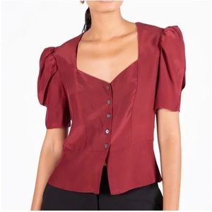 FRAME - Olivia V-Neck Short Sleeve Silk Blouse - Red - Size M